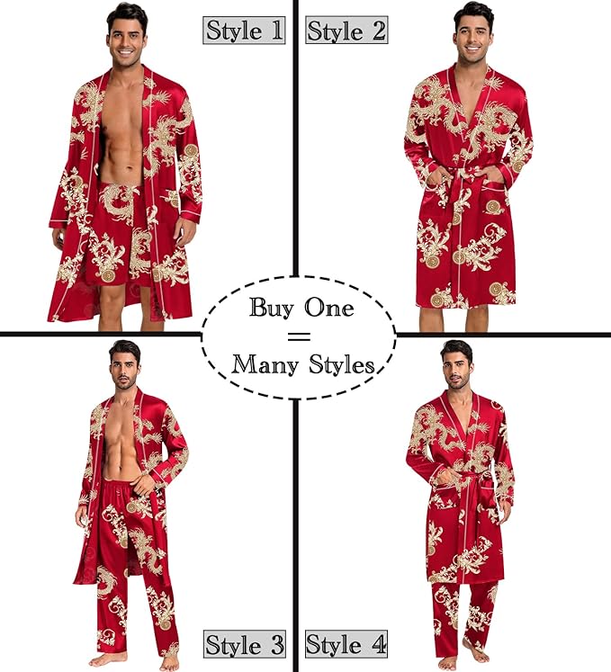 SWOMOG Mens 3 PCS Satin Robe with Pants & Shorts Set Kimono Bathrobe Long Sleeve Sleepwear Pjs Sets with Pockets