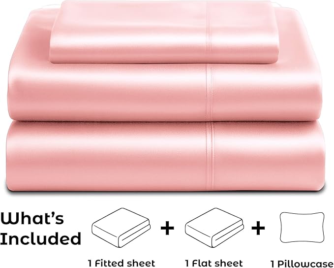 Satin Sheets Twin [3-Piece, Pink] Hotel Luxury Silky Bed Sheets - Extra Soft 1800 Microfiber Sheet Set, Wrinkle, Fade, Stain Resistant - Deep Pocket Fitted Sheet, Flat Sheet, Pillow Cases