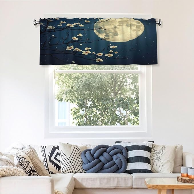 Full Moon Night with Cherry Blossoms Curtain Valance Peach Skin Velvet Printed Window Valance with Rod Pocket Light Filtering for Kitchen Bathroom 54x18in