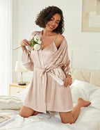 Ekouaer Women's Silk Robe Set V-neck 2 Piece Bridal Party Robes and Satin Bathrobe Set with Pockets