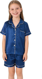 Hupohoi Unisex Girls Boys Kids Pajama Sets Button Down Satin Sleepwear Nighty 3PCS Silky Lounge Sets Nightwear
