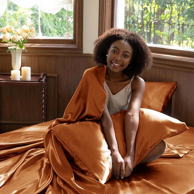 CozyLux Satin Sheets King Size Sheet Set - 4 Piece Silky King Sheets, Luxury Terracotta King Bed Set with Smooth and Soft Microfiber, Includes 1 Fitted Sheet, 1 Flat Sheet and 2 Pillowcases