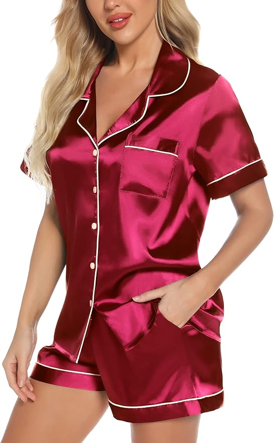 Samring Women's Silk Satin Pajamas Set Short Sleeve Sleepwear Two Piece Button Down Pj Set with Pockets S-XXL