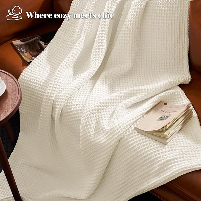 PHF Ultra Soft Waffle Weave Blanket Queen Size 90"x 90"- Washed Lightweight Breathable Cozy Woven Blanket for Bed - Aesthetic Decor for Couch Bedding Sofa Home Car - Coconut White