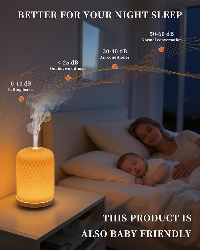 Onaboviva Essential Oil Diffuser - 2.4MHz Ultrasonic Ceramic Diffuser for Home, 120ml, Pulse&Continuous Mist, Bright/Dim/Breathing Lighting, Waterless Auto-Off, Aromatherapy Diffuser with USB Cable