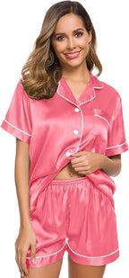 SWOMOG Womens Silk Satin Pajamas Set Short Sleeve Sleepwear Button Down Top and Shorts Loungewear 2 Piece Pjs Set XS-3XL