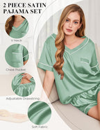 Silk Pajamas for Women Short Sleeve Satin 2 Piece Pj Set Soft V Neck Sleepwear Loungewear, S-XXL