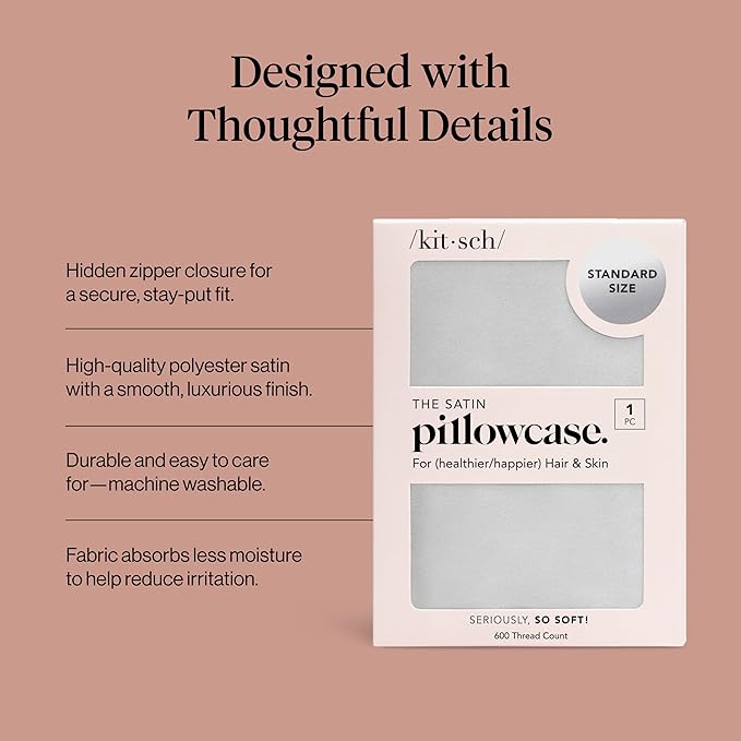 Kitsch Satin Pillowcase with Zipper for Hair & Skin - Softer Than Silk Pillow Cases, Smooth Cooling Satin Pillow Case, Wrinkle-Free, Machine Washable - Pillow Cases Standard Size (19x26) - Silver