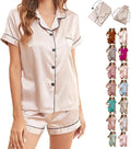 WJing Yi Jia Womens 3Pcs Floral Pajamas Sets Silk Satin Sleepwear XS~4XL Button Down Short Sleeve Shirt Pjs Loungewear
