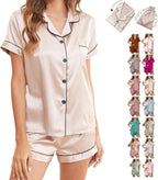 WJing Yi Jia Womens 3Pcs Floral Pajamas Sets Silk Satin Sleepwear XS~4XL Button Down Short Sleeve Shirt Pjs Loungewear