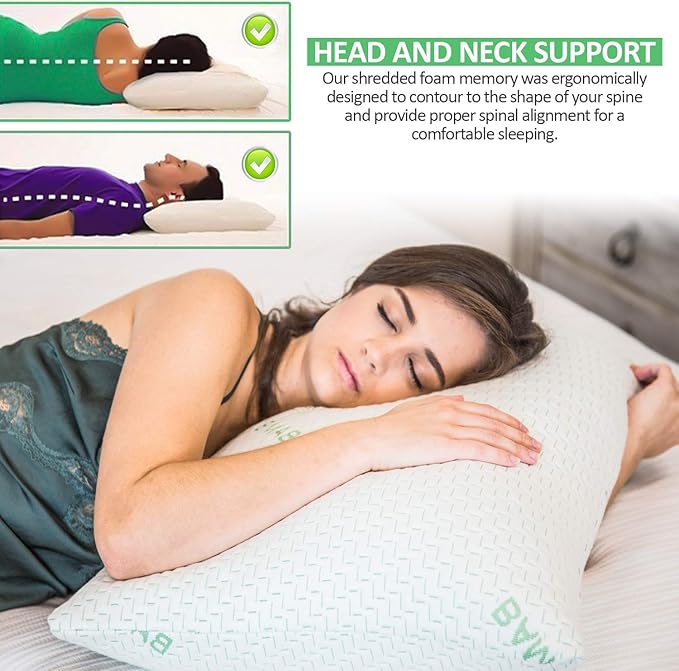 Elif Queen Size Pillows for Sleeping – Cooling Shredded Memory Foam Pillow with Removable Cover for Back, Stomach & Side Sleepers, Rayon Derived from Bamboo, Queen (1 Pack)