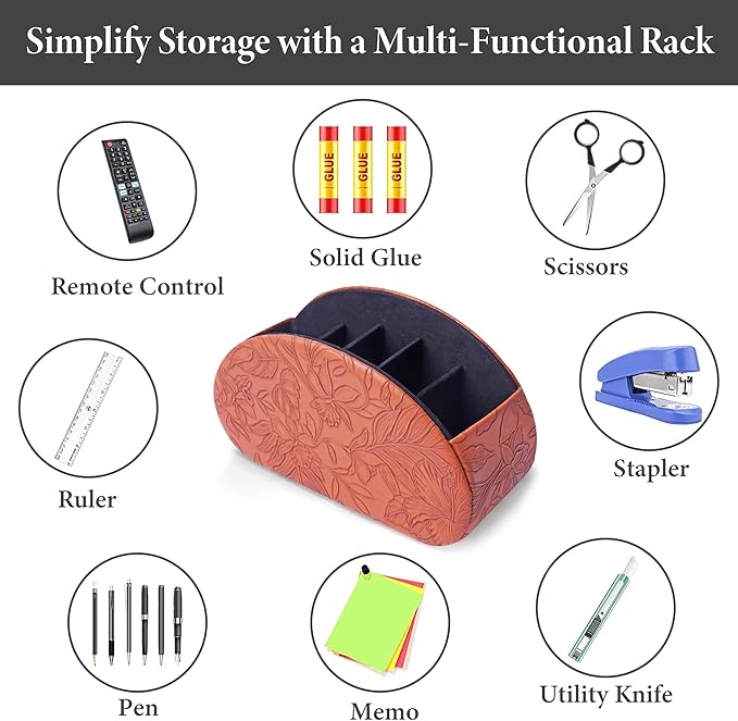 QIELIZI Remote Control Holder, PU Leather Remote Caddy Desktop Organizer with 5 Spacious Compartments for TV Remotes/Media Controllers/Office Supplies (1-Carved Brown