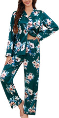 SWOMOG Long Sleeve Pajamas Set Silk Satin Sleepwear Button Down Pjs Loungewear with Pocket