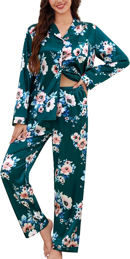 SWOMOG Long Sleeve Pajamas Set Silk Satin Sleepwear Button Down Pjs Loungewear with Pocket