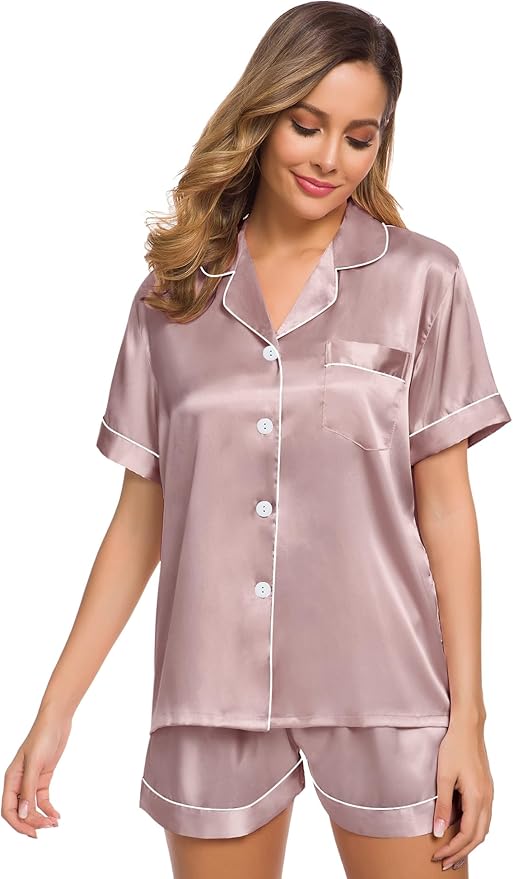 SWOMOG Womens Silk Satin Pajamas Set Short Sleeve Sleepwear Button Down Top and Shorts Loungewear 2 Piece Pjs Set XS-3XL