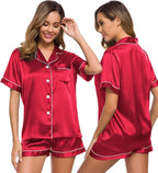 SWOMOG Womens Silk Satin Pajamas Set Short Sleeve Sleepwear Button Down Top and Shorts Loungewear 2 Piece Pjs Set XS-3XL