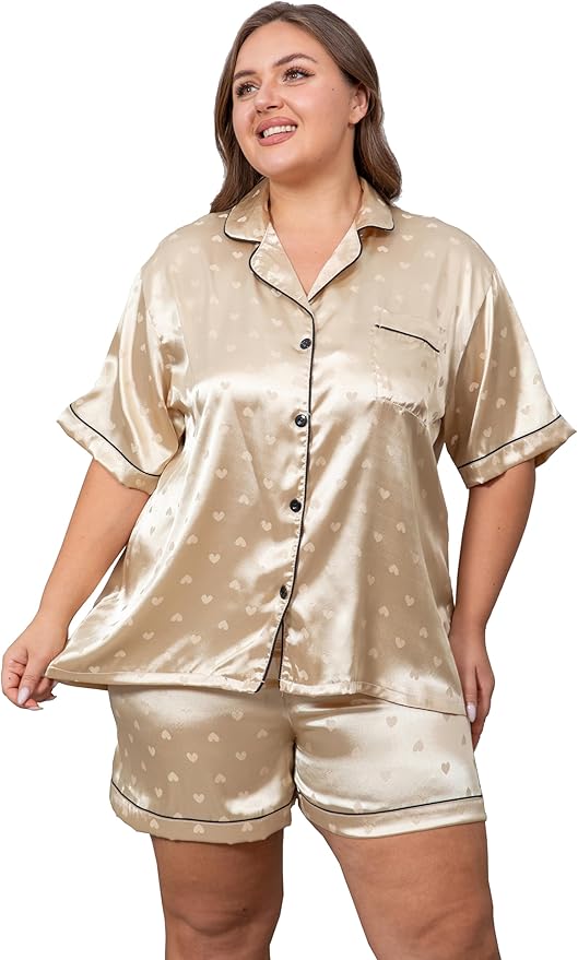 Vozanet Women's Short Sleeve Satin Pajama Sets Silky Ladies Button Down Loungewear Plus Size Nighty Shorts Sets XL to 5XL
