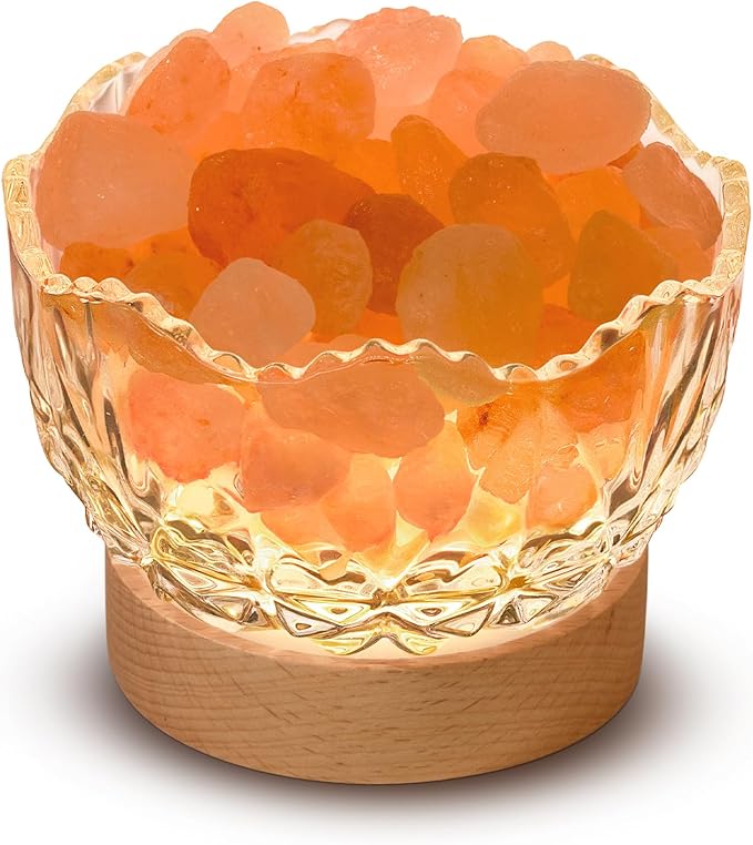 Himalayan Salt Lamp, Pink, Wooden Base, 10 Levels of Light Intensity Adjustment, USB Plug, 1 Year Warranty