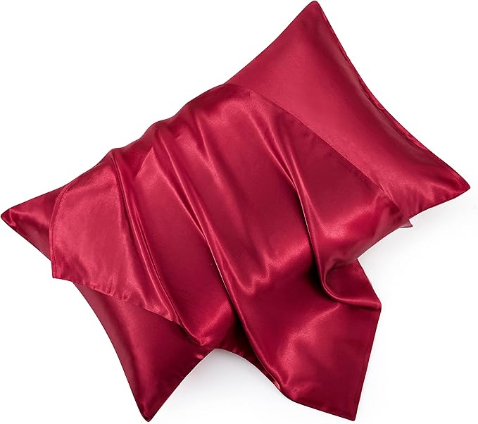 Wine Red Satin Pillowcases Queen Size Set of 2 for Hair and Skin,Wine Red Silk Pillowcase Breathable Pillowcase with Envelope Closure