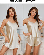 SAPJON Silk Pajamas for Women 5Pcs Sleepwear Loungewear Satin Robe Cami Shorts Pj Set