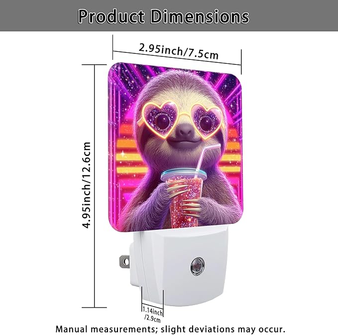 Sloth Night Lights Plug Into Wall, Playful Cartoonish Heart-Shaped Glasses Drink Summer Peach Smart Outlet Plug in Led Night Light Lamp for Living Room Entryway Kitchen Decor 2pcs