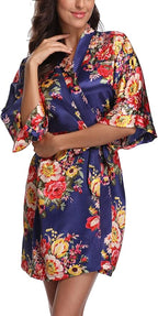 Women's Floral Satin Robes Bride Bridesmaid Getting Ready Robe Short Silky Kimono Sleepwear for Wedding Party
