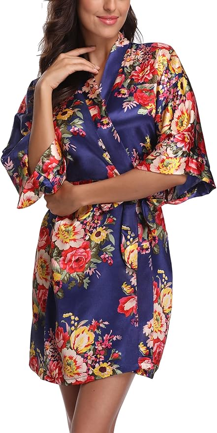 Women's Floral Satin Robes Bride Bridesmaid Getting Ready Robe Short Silky Kimono Sleepwear for Wedding Party