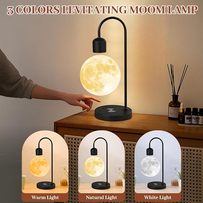 Magnetic Levitating Moon Lamp with 15W Wireless Phone Charger 3-Color LED Floating Night Light Desk Lamp for Bedroom Home Office Decor