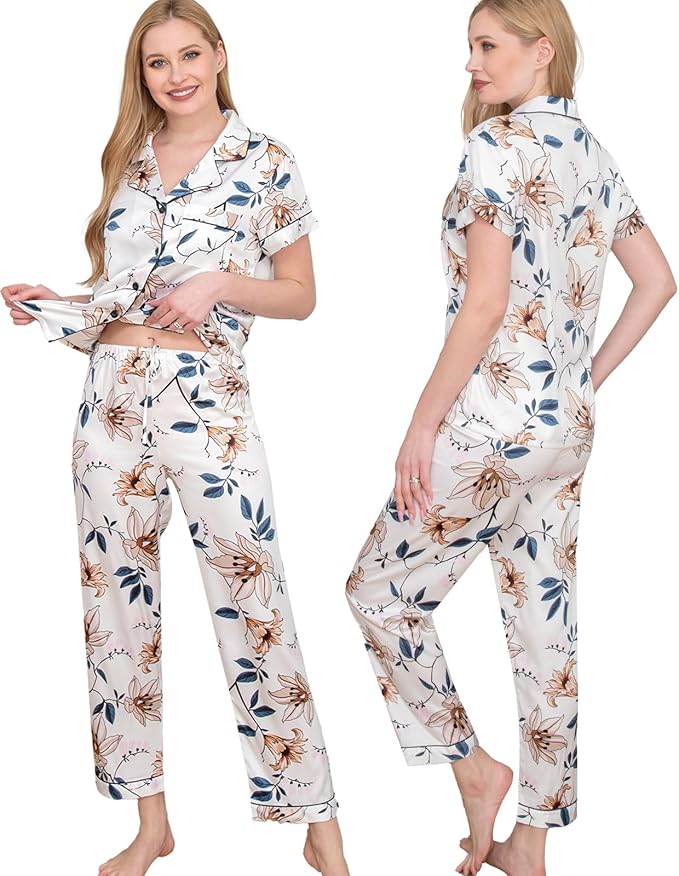 WJing Yi Jia Womens Pajamas Set XS-4XL Floral Silk Satin Pajama Sets Silky Pj Sets 2Pcs Loungewear Sleepwear Button Down Pjs