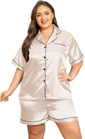 Vozanet Women's Short Sleeve Satin Pajama Sets Silky Ladies Button Down Loungewear Plus Size Nighty Shorts Sets XL to 5XL