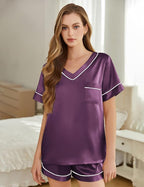 Silk Pajamas for Women Short Sleeve Satin 2 Piece Pj Set Soft V Neck Sleepwear Loungewear, S-XXL
