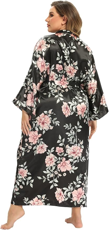 Women's Floral Long Satin Robes Plus Size Long Silk Robes Peacock Floral Kimonos Sleepwear Dressing Gown