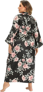 Women's Floral Long Satin Robes Plus Size Long Silk Robes Peacock Floral Kimonos Sleepwear Dressing Gown