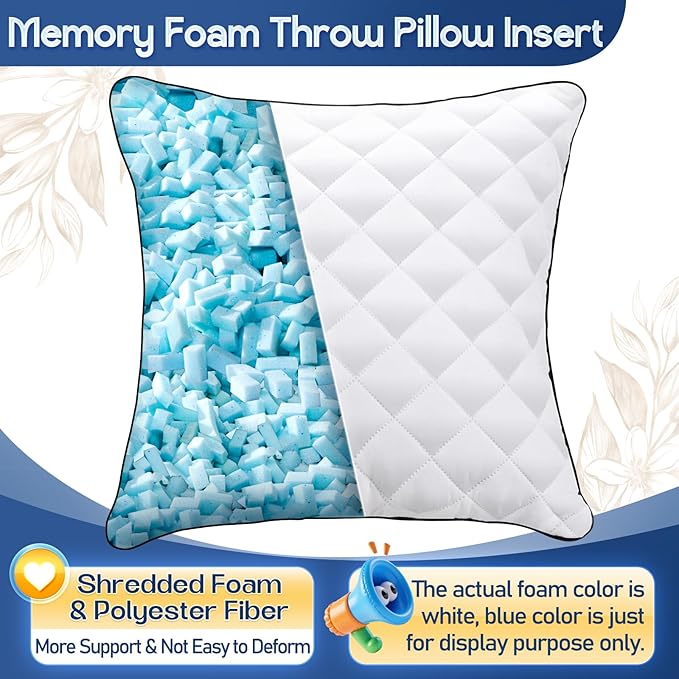 1 MIDDLE ONE Throw Pillows (Pack of 2, White), 16 x 16 Inches Decorative Pillow Insert for Couch, Sofa and Bed, Memory Foam Indoor Square Pillow Forms Stuffer (16x16 Inch)
