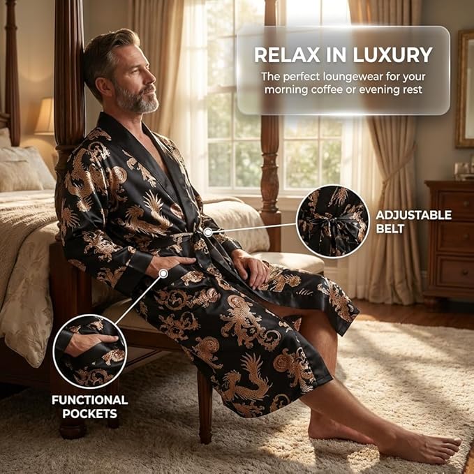 Mens Satin Robe Silk Long Sleeve Kimono Bathrobe Sleepwear Loungewear