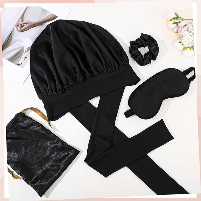 Satin Bonnet Set, Hair Bonnet for Sleeping Silk Bonnet with Eye Mask for Women Curly Hair