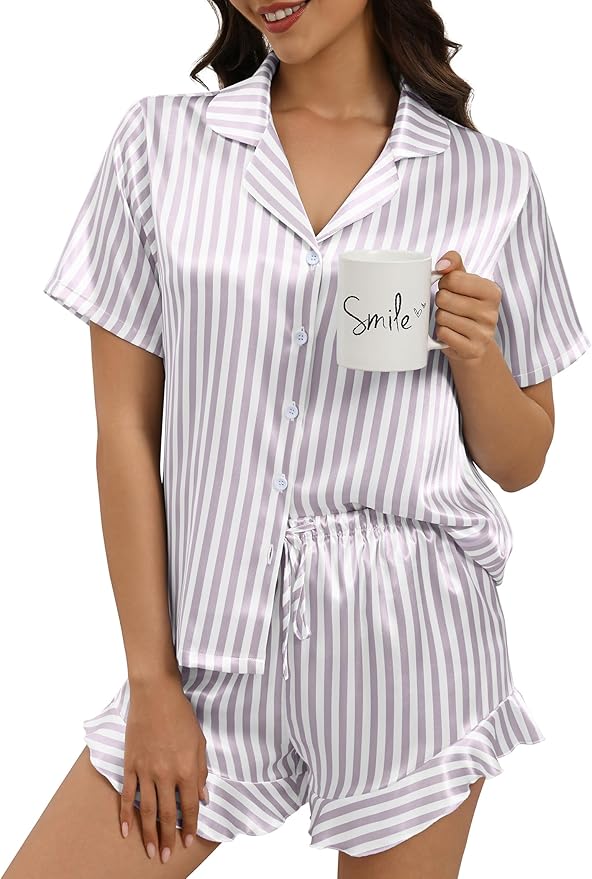 Silk Pajamas for Women Button Down 2 Piece Satin Pjs Shorts Set Ruffle Notch Collar Sleepwear Loungewear