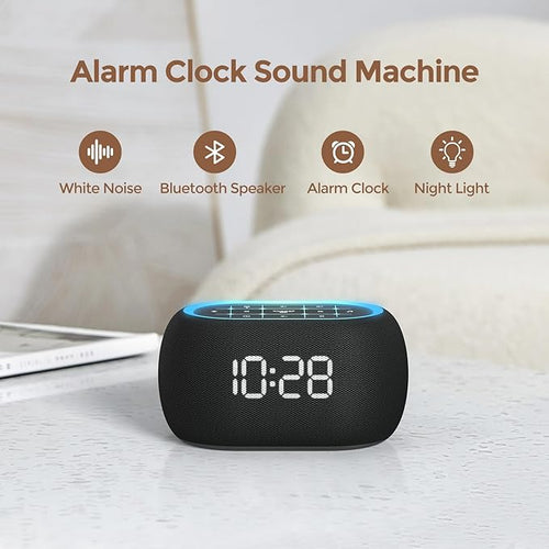 ANJANK Alarm Clock White Noise Sound Machine with Bluetooth Speaker, 21 Soothing Sounds, 7 Night Lights, 0-100% Dimmer/Sleep Timer/Volume Control, Small Design for Kids Adults Sleeping,Bedroom (Black)