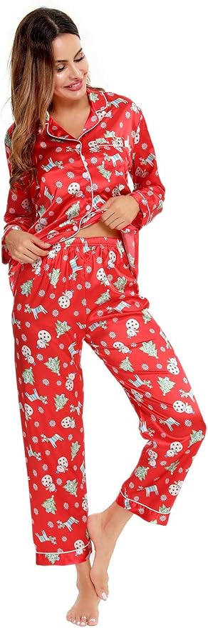 SWOMOG Womens Silk Satin Pajamas Set Long Sleeve Button Down Sleepwear 2 Piece Lounge Set Pj Set XS-3XL