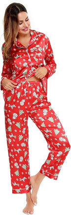 SWOMOG Womens Silk Satin Pajamas Set Long Sleeve Button Down Sleepwear 2 Piece Lounge Set Pj Set XS-3XL