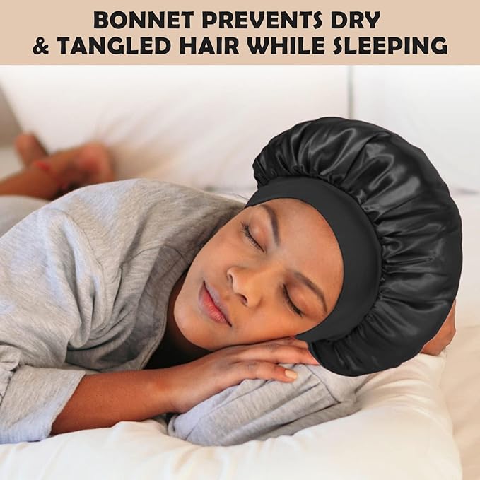 ZHENSILK 2Pcs Silk Bonnet for Sleeping, Satin Hair Bonnets, Soft Elastic Band Silk Sleep Cap, Hair Wrap for Women(Black)