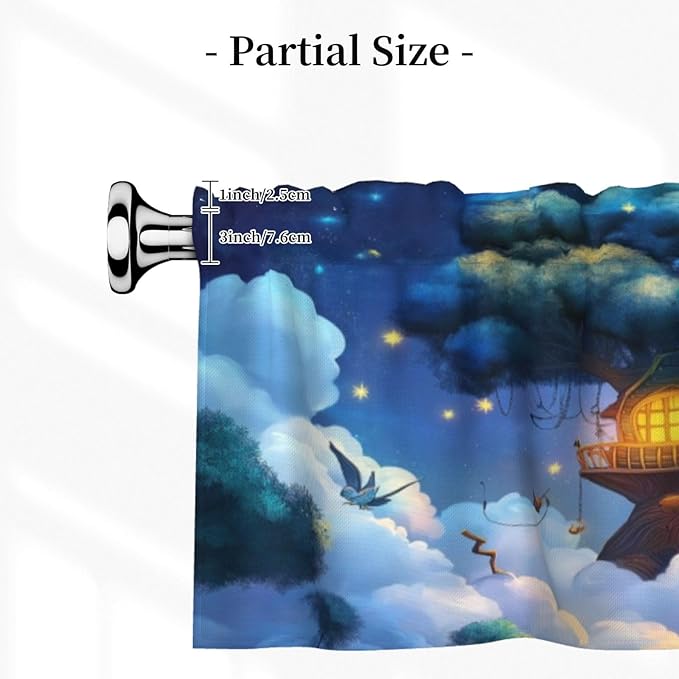 Whimsical Treehouse in Dreamy Night Sky Curtain Valance Peach Skin Velvet Printed Window Valance with Rod Pocket Light Filtering for Kitchen Bathroom 54x18in