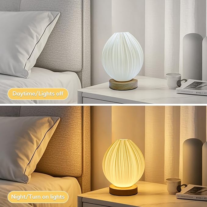 Table Lamp Bedside Small Side Table Lamp with Woodbase Peach 3D Printing Button Control Table USB Lamp Dimmable Nightstand Lamp with PLA Lampshade for Living Room Bedroom Decor