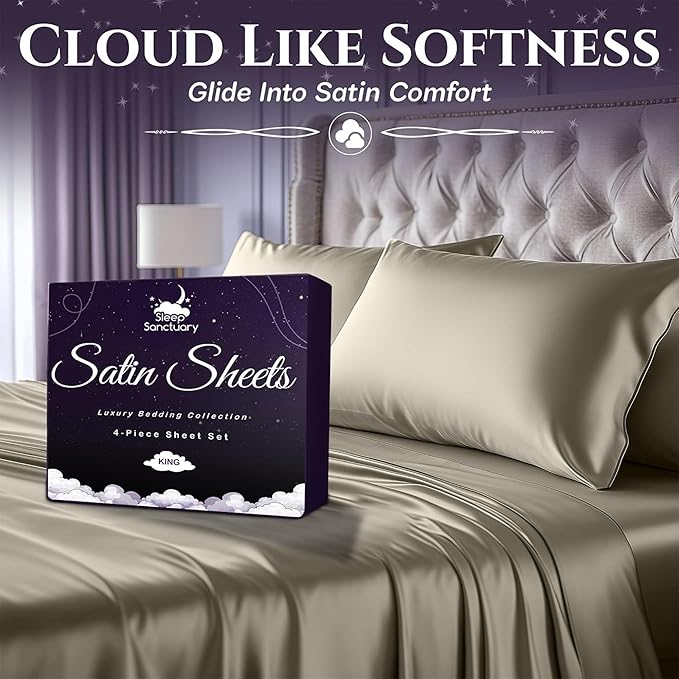 SLEEP SANCTUARY Satin Sheets Queen Size – 4 Piece Luxury Silky Bed Set, Softer Than Silk, 15" Deep Pocket, Cooling & Wrinkle-Free, Moisture-Wicking & Breathable for Hair & Skin (Taupe)