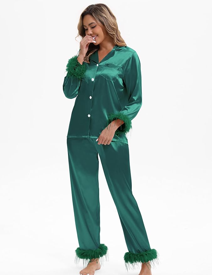 MORFORU Satin Pajama Set for Women Feather Trim Long Sleeve Pjs with Sleep Mask Headband Scrunchie Sleepwear Lounge Set