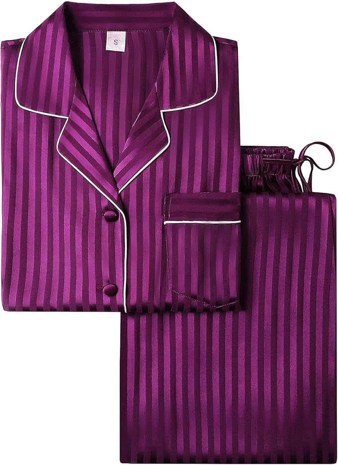 SIHA Satin Silk Pajamas for Women Pajama Set With Long Sleeve Button-Down Satin Pajamas Sleepwear XS-3XL