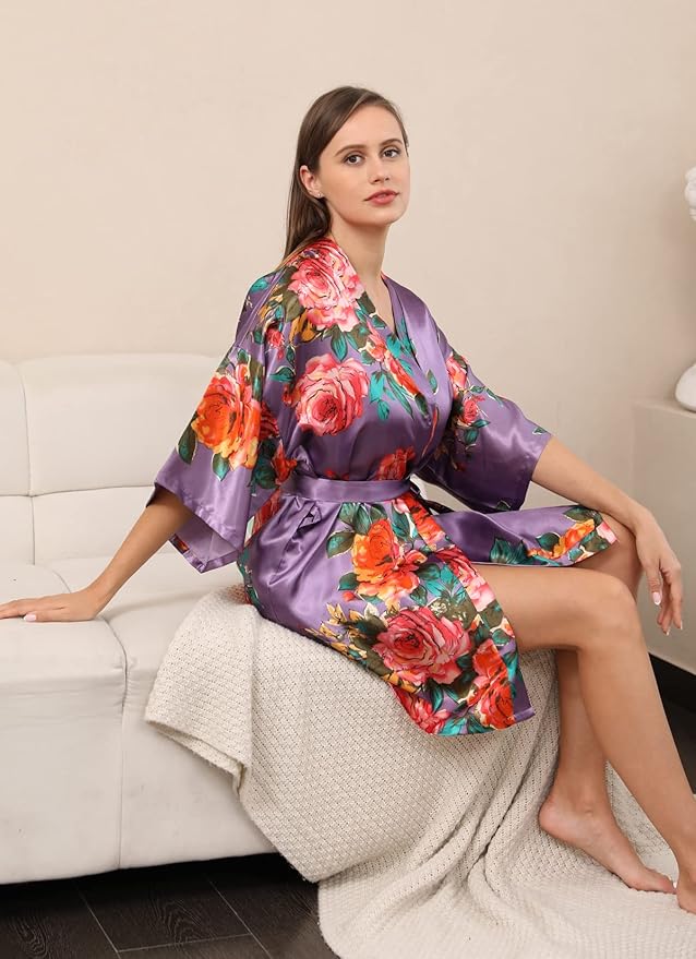 QXQTER Peony Floral Silky Satin Robe Wedding Bridal Party Bride Bridesmaid Robes for Women Dressing Gown Kimono Robe