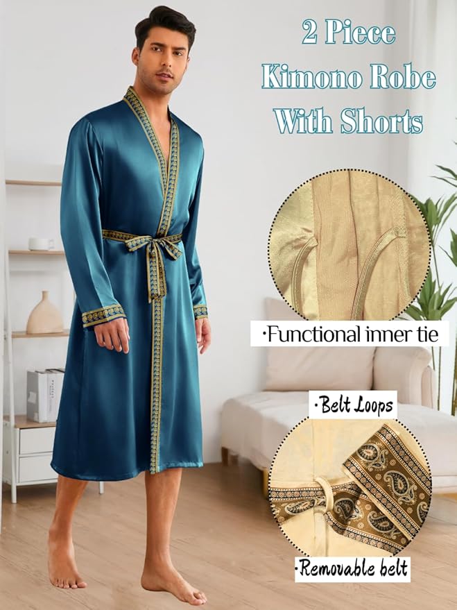 ChiaoLezhee Mens Satin Bath Robe with Shorts Set, Silk Paisley Kimono Lightweight, Soft Long Sleeve Sleepwear