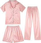 Hupohoi Unisex Girls Boys Kids Pajama Sets Button Down Satin Sleepwear Nighty 3PCS Silky Lounge Sets Nightwear