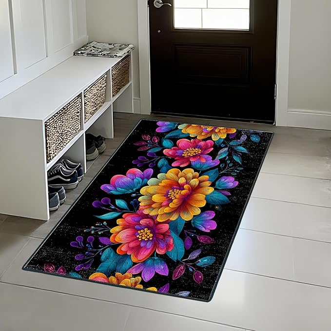Flower Area Rug 2x3 ft Entry Rug Washable Boho Rugs Non Slip Low Pile Floral Door Mat Small Carpet for Bedroom, Bedside, Kids Room, Office, Dining Room